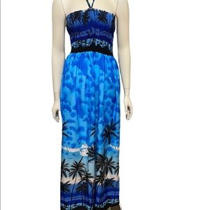 LA LEELA Blue Palm Tree Halter Style Tube Top Empire Waist Maxi Dress OS